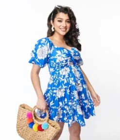 Royal Blue & White Floral Puff Sleeve Flare Dress