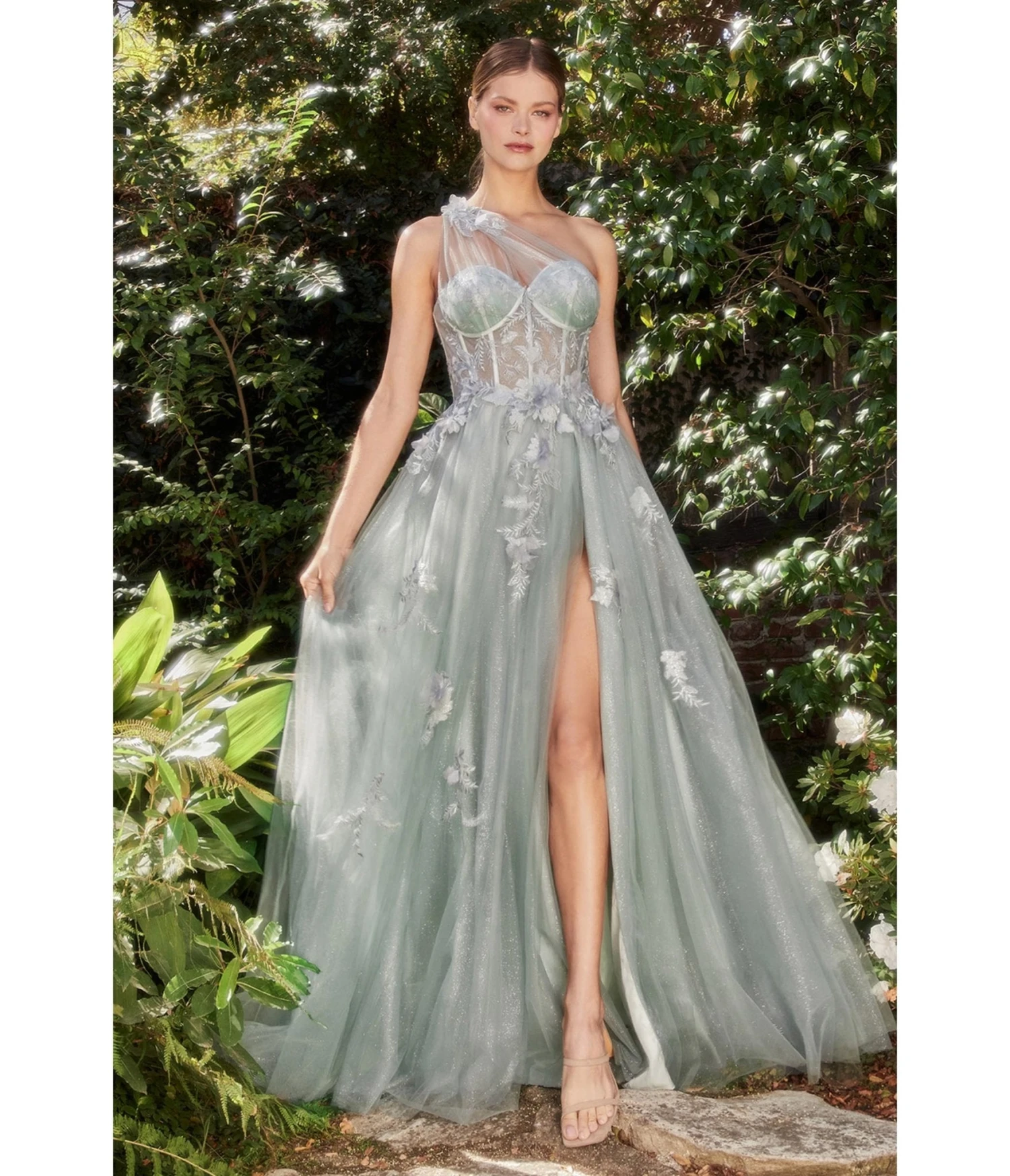 Cinderella Divine Sage Floral Applique One Shoulder Leila Evening Gown 1 Cinderella Divine Sage Floral Applique One Shoulder Leila Evening Gown