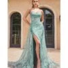 Cinderella Divine Sage Glitter Printed Strapless Mermaid Evening Gown