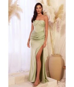 Cinderella Divine Sage Satin Pleated Strapless Corset Evening Gown
