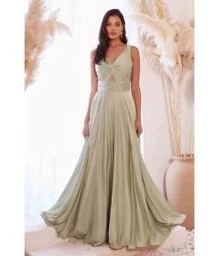 Cinderella Divine Sage Satin Ruched Knotted Keyhole Evening Gown