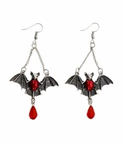 Silver & Red Gem Bat Dangle Earrings