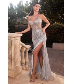 Cinderella Divine Silver Sequin Beaded High Slit Fitted Prom Gown