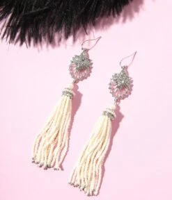 Silver & White Beaded Deco Tassel Dangle Earrings