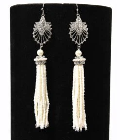 Silver & White Beaded Deco Tassel Dangle Earrings -New Dress Store silver white beaded deco tassel dangle earrings 952393
