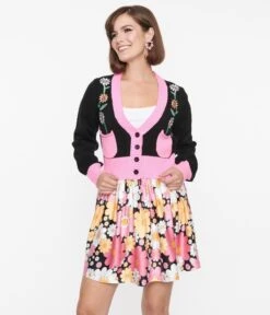 Smak Parlour Black & Pink Flower Pocket Cardigan -New Dress Store smak parlour black pink flower pocket cardigan 405224