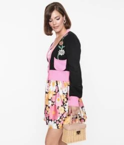 Smak Parlour Black & Pink Flower Pocket Cardigan -New Dress Store smak parlour black pink flower pocket cardigan 683124