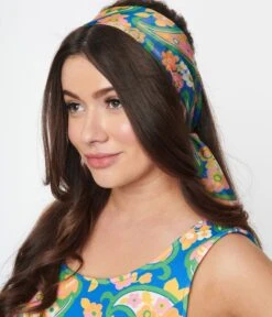 Smak Parlour Blue Paisley Floral Mod Print Long Hair Scarf