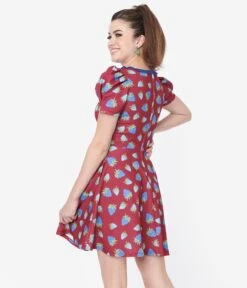 Smak Parlour Burgundy & Blue Strawberry Group Chat Flare Dress -New Dress Store smak parlour burgundy blue strawberry group chat flare dress 354058