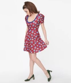 Smak Parlour Burgundy & Blue Strawberry Group Chat Flare Dress -New Dress Store smak parlour burgundy blue strawberry group chat flare dress 714236