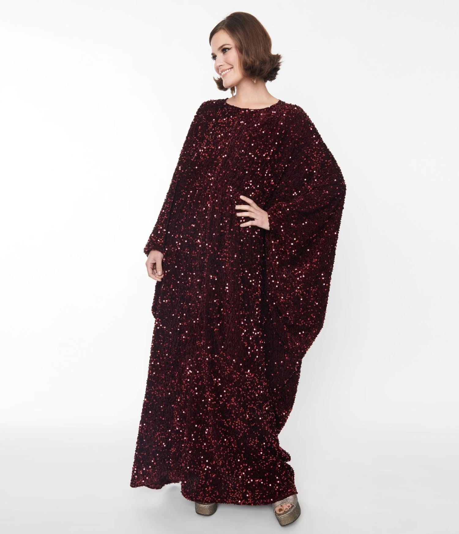 Smak Parlour Burgundy Sequin Batwing Caftan 1 Smak Parlour Burgundy Sequin Batwing Caftan