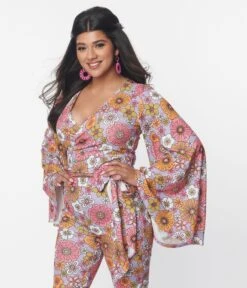 Smak Parlour Lavender Retro Bloom Bell Sleeve Wrap Top