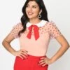 Smak Parlour Pink & Red Hearts Collared Bow Blouse