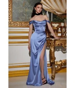 Cinderella Divine Smokey Blue Satin Off The Shoulder Corset Bridesmaid Gown
