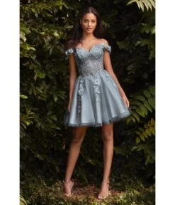 Cinderella Divine Smoky Blue Beaded & Floral Applique Off The Shoulder Cocktail Dress