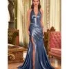 Cinderella Divine Smoky Blue Pleated Satin Halter Corset Evening Gown