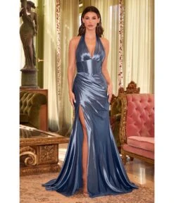 Cinderella Divine Smoky Blue Pleated Satin Halter Corset Evening Gown