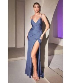 Cinderella Divine Smoky Blue Ruched Satin Mystique Prom Gown