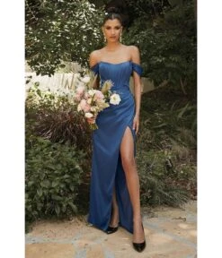 Cinderella Divine Soft Navy Divine Satin Corset Off-Shoulder Prom Dress