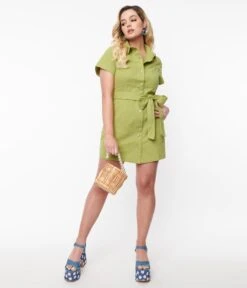 Spring Green Denim Belted Shift Dress