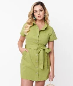Spring Green Denim Belted Shift Dress -New Dress Store spring green denim belted shift dress 488271