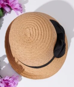 Tan & Black Ribbon Woven Cloche Hat -New Dress Store tan black ribbon woven cloche hat 371022