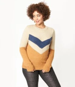 Tan & Navy Chevron Stripe Sweater