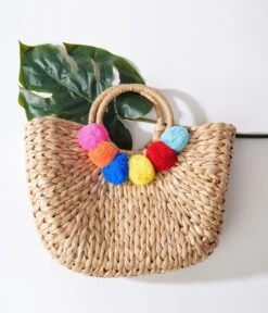 Tan Pom Pom Woven Bag -New Dress Store tan pom pom woven bag 504677