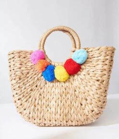Tan Pom Pom Woven Bag -New Dress Store tan pom pom woven bag 575865