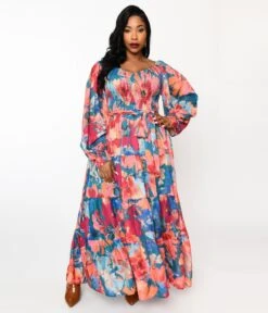 Teal & Coral Floral Maxi Dress