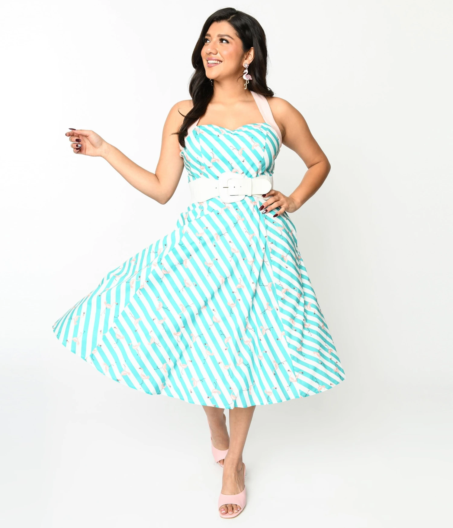 Teal & White Striped Flamingo Print Swing Dress 1 Teal & White Striped Flamingo Print Swing Dress