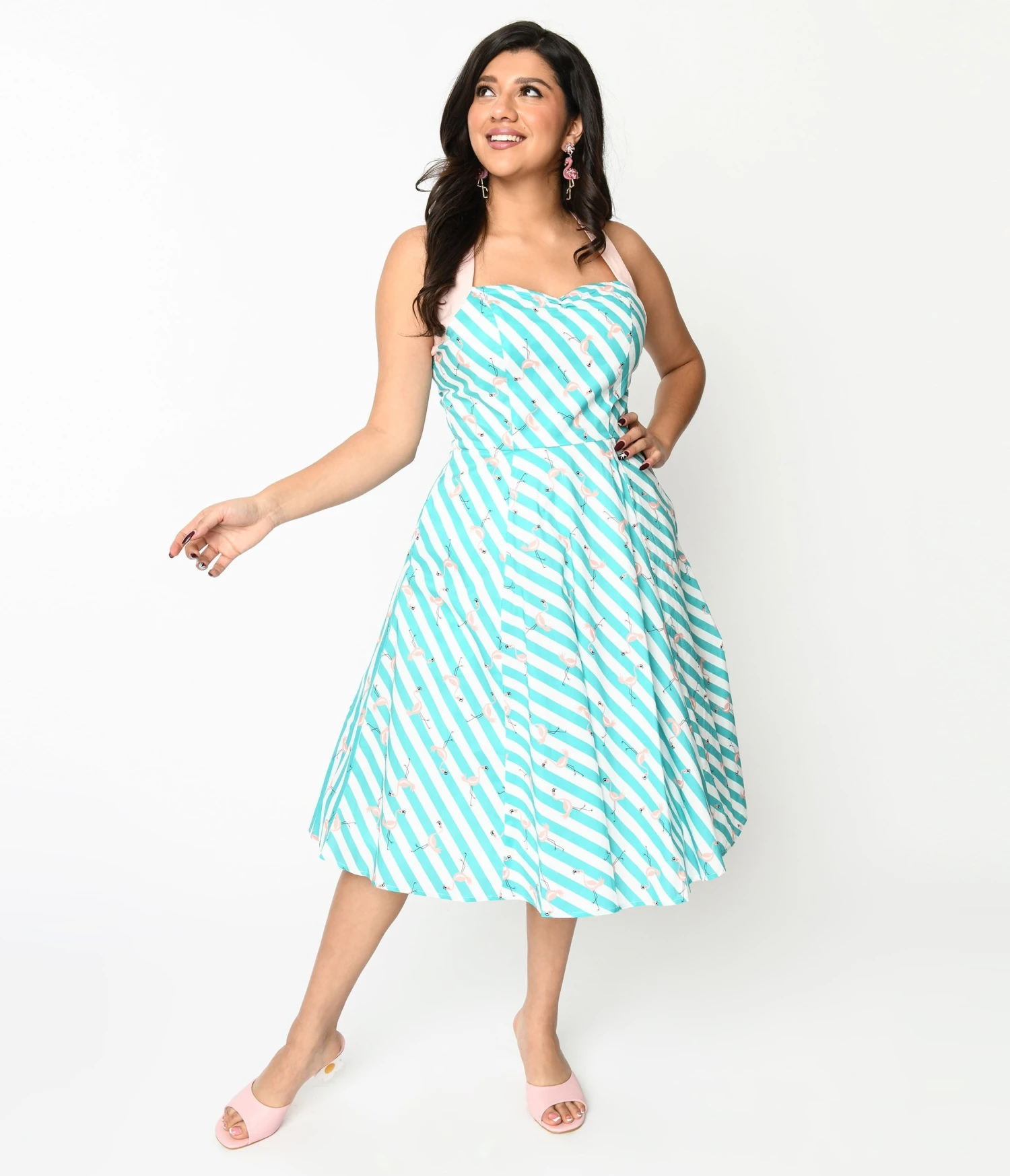 Teal & White Striped Flamingo Print Swing Dress 2 Teal & White Striped Flamingo Print Swing Dress - Image 2