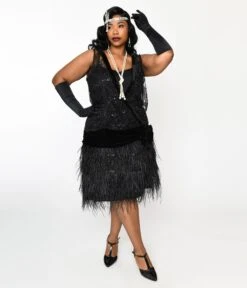 The Great Gatsby X Unique Vintage Plus Size Black Sequin & Feather Surplice Flapper Dress