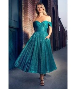 Cinderella Divine Turquoise Glitter Off The Shoulder Tea Length Dress -New Dress Store turquoise glitter off the shoulder tea length dress 596791