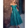 Cinderella Divine Turquoise Glitter Off The Shoulder Tea Length Dress