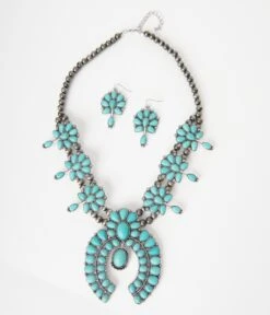 Turquoise Western Statement Necklace & Earrings Set
