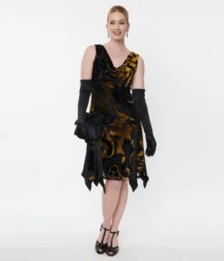 Unique Vintage 1920s Black & Gold Velvet Floral Burnout Hemingway Flapper Dress -New Dress Store unique vintage 1920s black gold velvet floral burnout hemingway flapper dress 459802