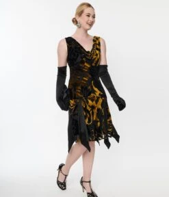 Unique Vintage 1920s Black & Gold Velvet Floral Burnout Hemingway Flapper Dress -New Dress Store unique vintage 1920s black gold velvet floral burnout hemingway flapper dress 564866