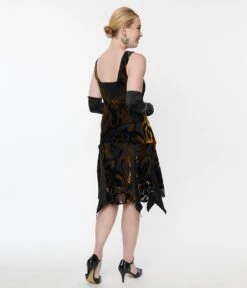 Unique Vintage 1920s Black & Gold Velvet Floral Burnout Hemingway Flapper Dress -New Dress Store unique vintage 1920s black gold velvet floral burnout hemingway flapper dress 636102