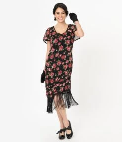 Unique Vintage 1920s Black & Pink Floral Joyeux Flapper Day Dress -New Dress Store unique vintage 1920s black pink floral joyeux flapper day dress 735769