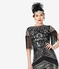 Unique Vintage 1920s Black & Silver Sequin Fringe Sleeved Laure Flapper Dress 7 Unique Vintage 1920s Black & Silver Sequin Fringe Sleeved Laure Flapper Dress -New Dress Store unique vintage 1920s black silver sequin fringe sleeved laure flapper dress 162267