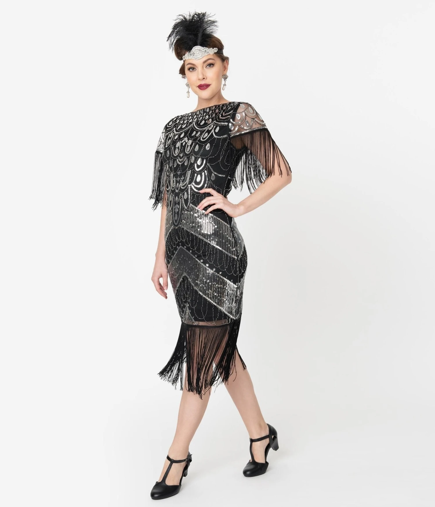 Unique Vintage 1920s Black & Silver Sequin Fringe Sleeved Laure Flapper Dress 1 Unique Vintage 1920s Black & Silver Sequin Fringe Sleeved Laure Flapper Dress