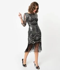 Unique Vintage 1920s Black & Silver Sequin Sleeved Therese Flapper Dress -New Dress Store unique vintage 1920s black silver sequin sleeved therese flapper dress 147830