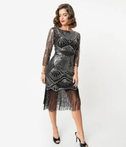 Unique Vintage 1920s Black & Silver Sequin Sleeved Therese Flapper Dress -New Dress Store unique vintage 1920s black silver sequin sleeved therese flapper dress 252461