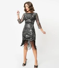 Unique Vintage 1920s Black & Silver Sequin Sleeved Therese Flapper Dress