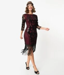 Unique Vintage 1920s Burgundy & Black Sequin Cocktail Celeste Flapper Dress -New Dress Store unique vintage 1920s burgundy black sequin cocktail celeste flapper dress 779852