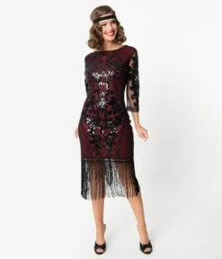 Unique Vintage 1920s Burgundy & Black Sequin Cocktail Celeste Flapper Dress -New Dress Store unique vintage 1920s burgundy black sequin cocktail celeste flapper dress 857428