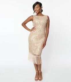 Unique Vintage 1920s Champagne Sequin & Pearl Sleeveless Flapper Dress -New Dress Store unique vintage 1920s champagne sequin pearl sleeveless flapper dress 230197