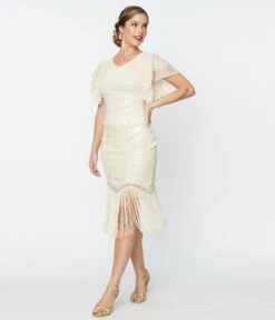 Unique Vintage 1920s Cream Sequin Flutter Sleeve Flapper Dress -New Dress Store unique vintage 1920s cream sequin flutter sleeve flapper dress 254905