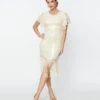 Unique Vintage 1920s Cream Sequin Flutter Sleeve Flapper Dress